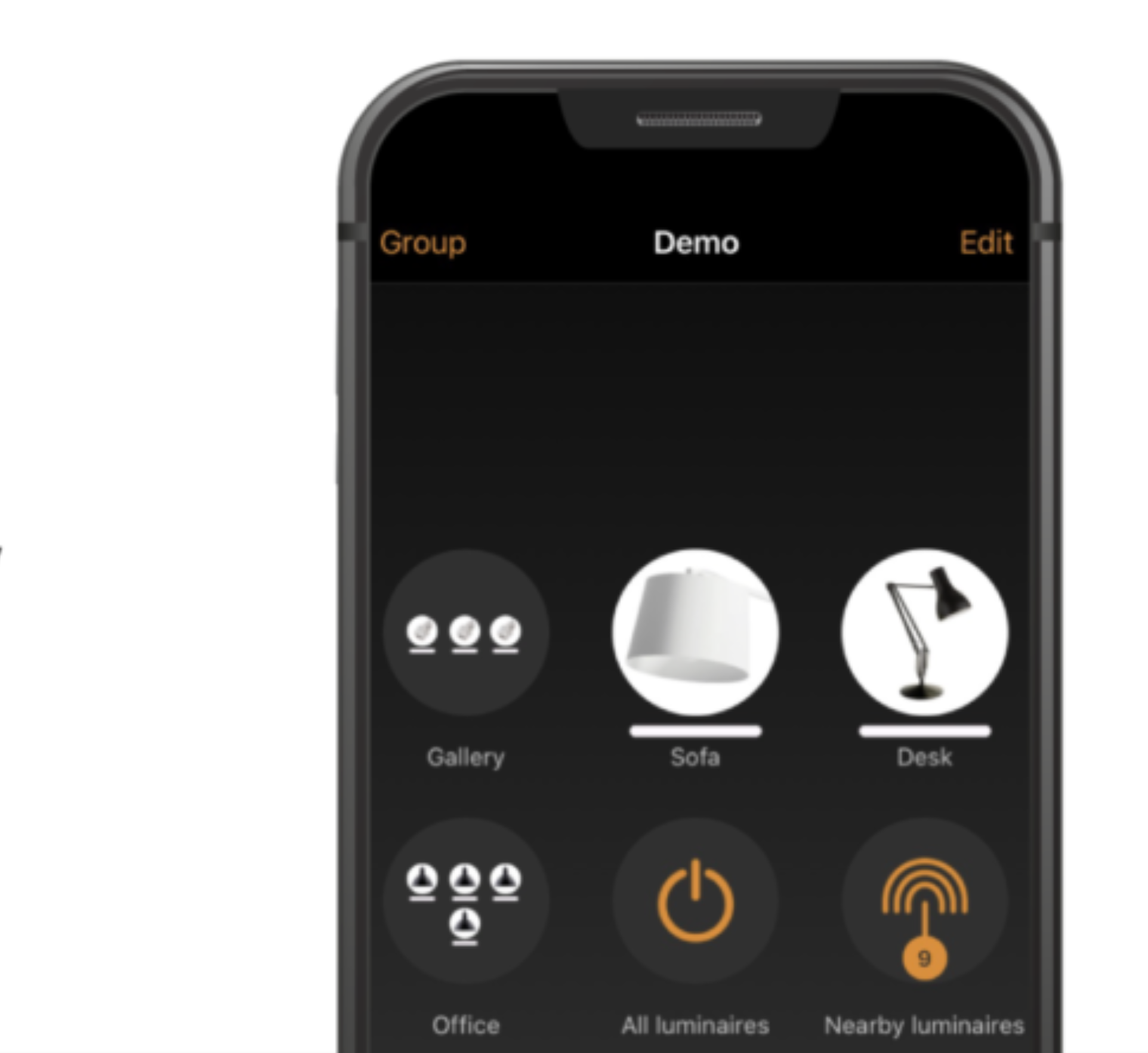 App-based scene control for wireless lighting